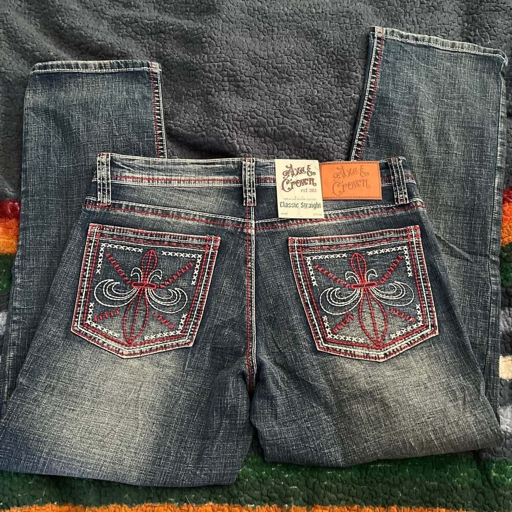 Axe & Crown Blue Stone Classic Straight Machina Embroidered Jeans